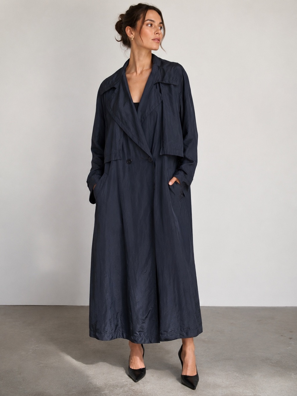 Auth New Fendi 360 Trench Coat oversized 42 IT Large L navy cotton flowy
